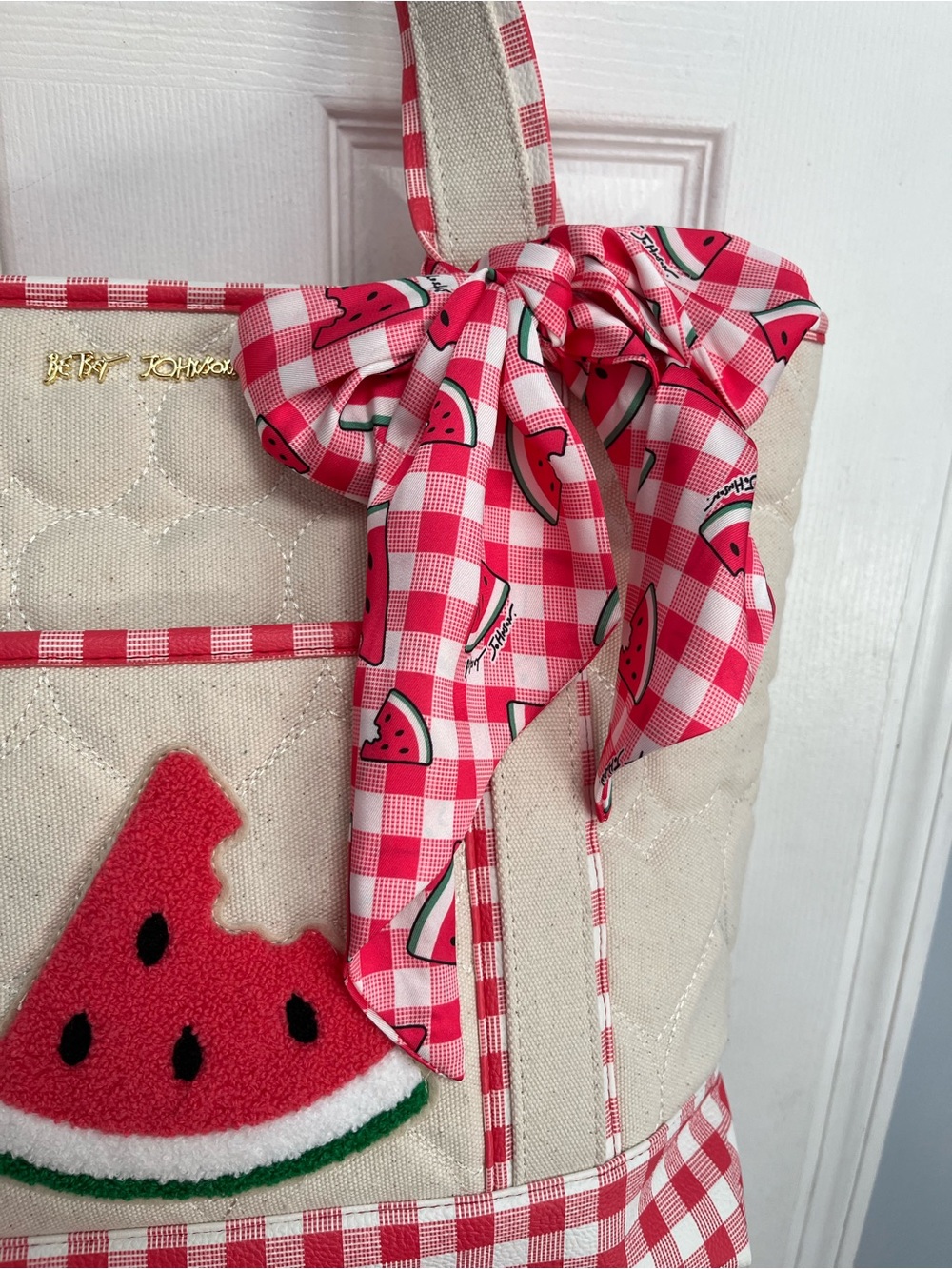 Betsey Johnson New Canvas Gingham Tote Handbag Bag Scarf Summer Spring Picnic - Picture 4 of 16